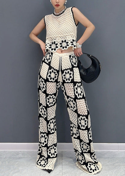 White O Neck Hollow Out Cotton Two-piece Set Sleeveless