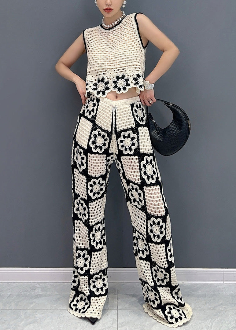 White O Neck Hollow Out Cotton Two-piece Set Sleeveless