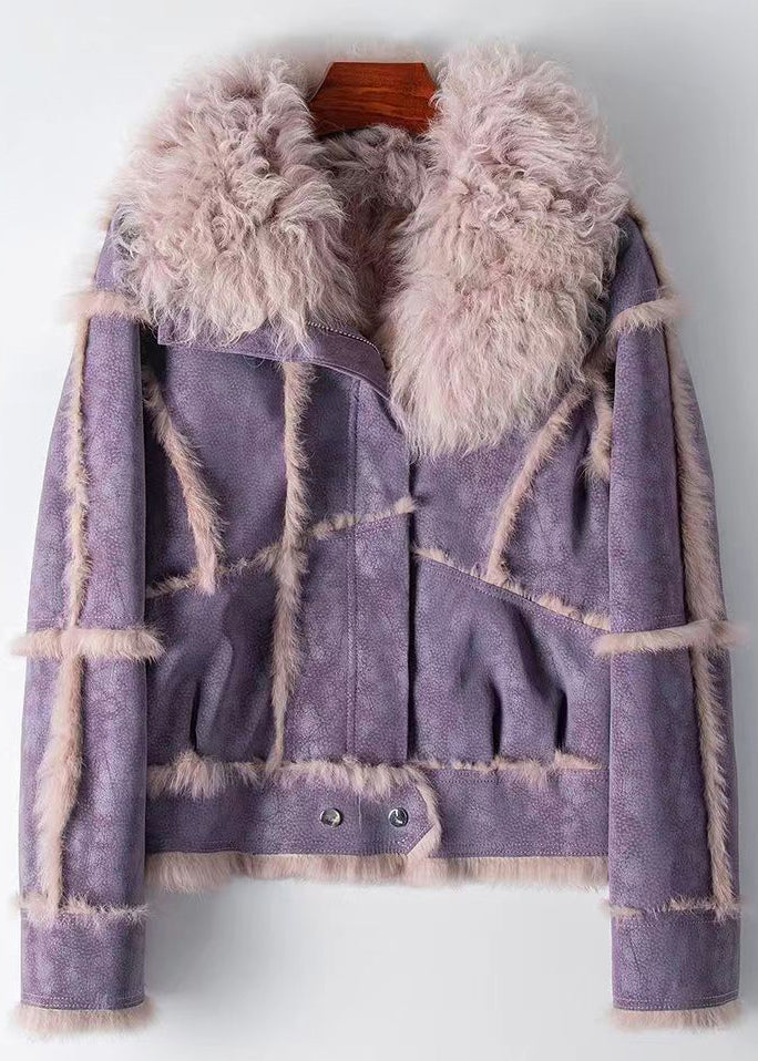 Dark Grey Zippered Patchwork Leather and Fur Coat Winter