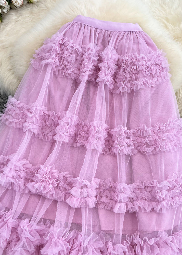Pink Ruffled Patchwork Tulle Cake Skirt Spring