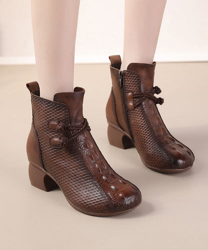 Brown Crocodile Pattern Boots Chunky Cowhide Leather Boots