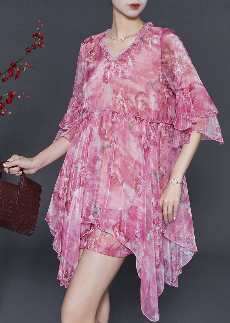 Rose Asymmetrical Print Chiffon Mini Dress Two Piece Set Summer
