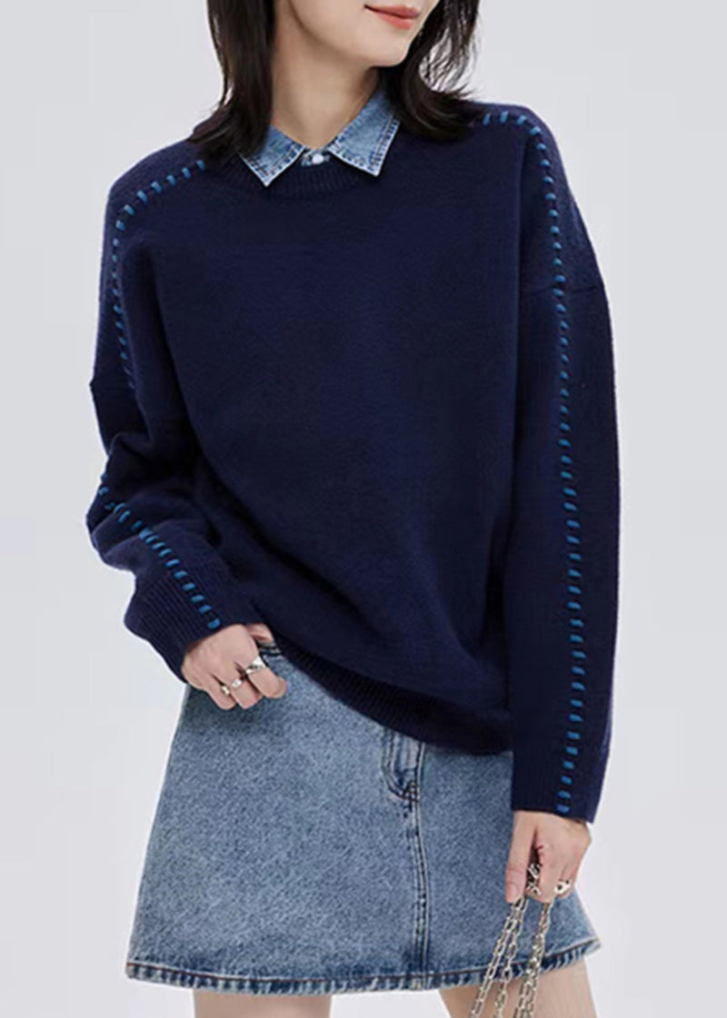 Italian Navy O-neck Thick Patchwork Woolen Sweater Tops Fall