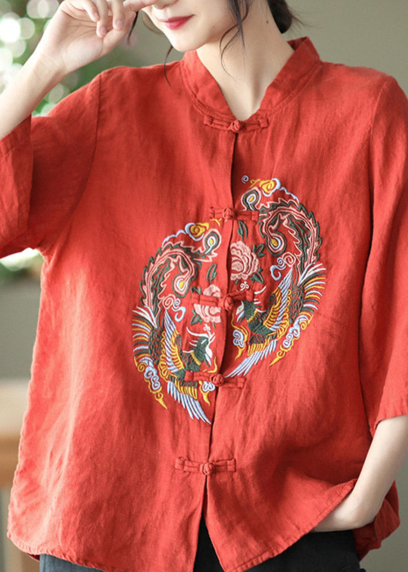 Diy Red Stand Collar Embroideried Linen Shirts Long Sleeve