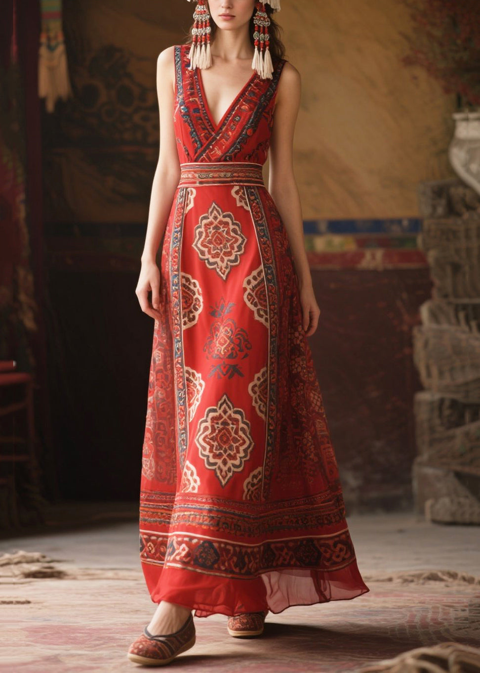 Red V Neck Print Chiffon Tunic Dress Sleeveless