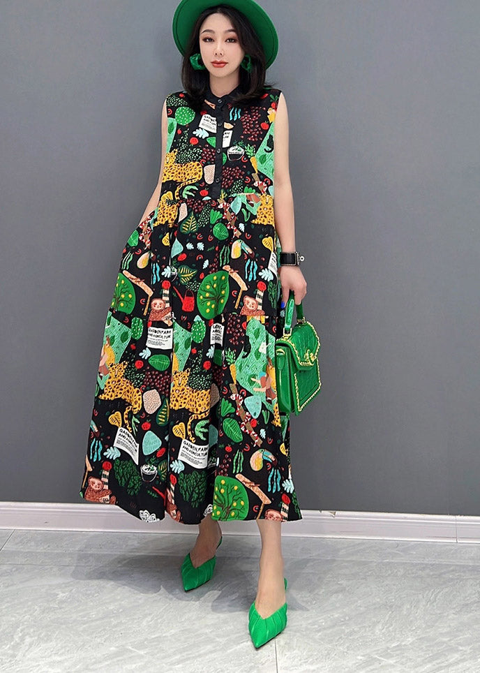O-neck Print Button Pockets Long Dress Sleeveless