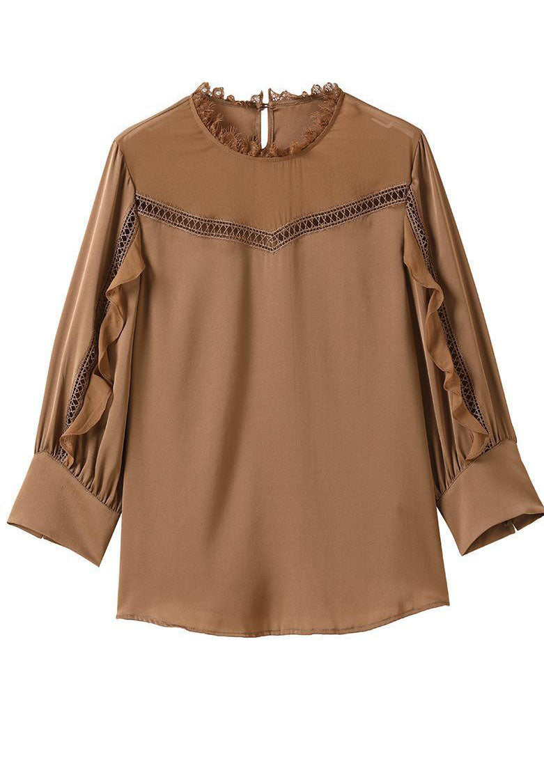 Khaki Ruffles Patchwork Hollow Out Chiffon Shirt Tops Bracelet Sleeve