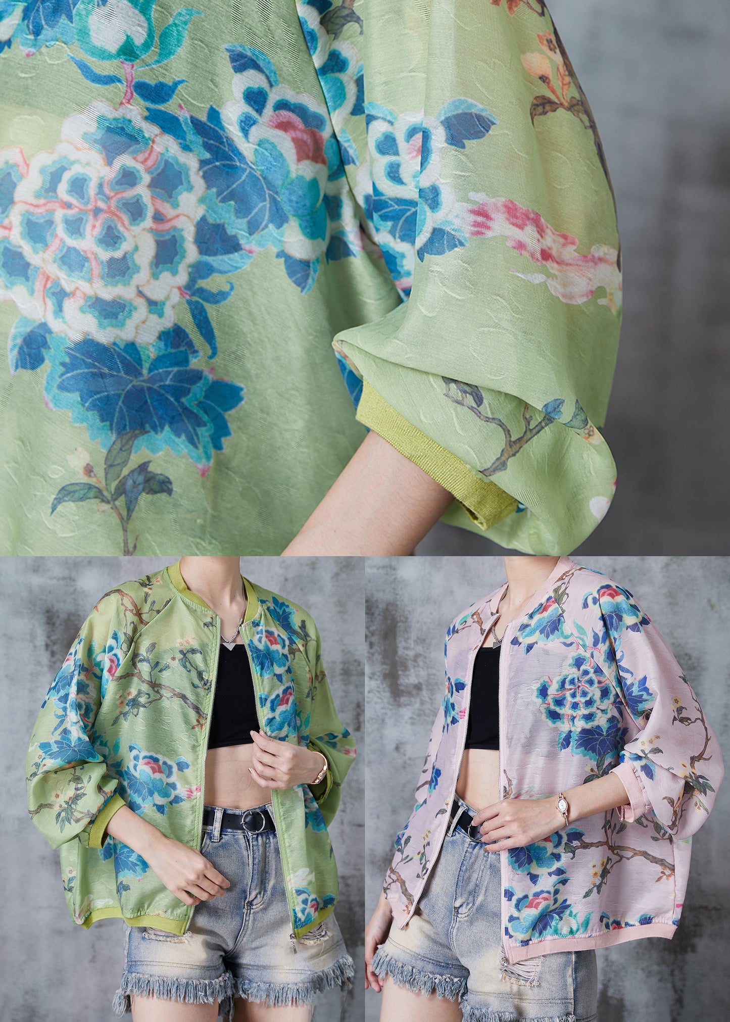 Green Oversized Print Silk Jackets Fall
