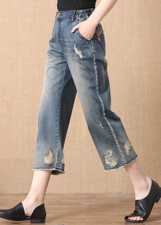 Denim Blue Elastic Waist Zip Up Pockets Hole Cotton Crop Pants Summer