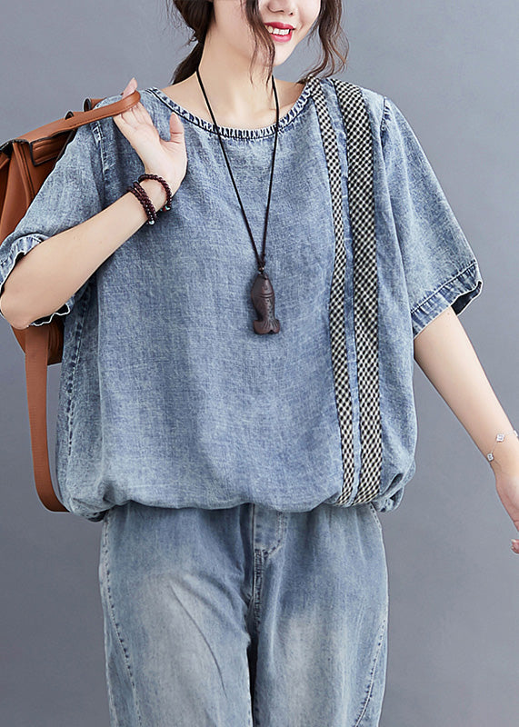 Retro Denim Blue O-neck Patchwork Top Half Sleeve