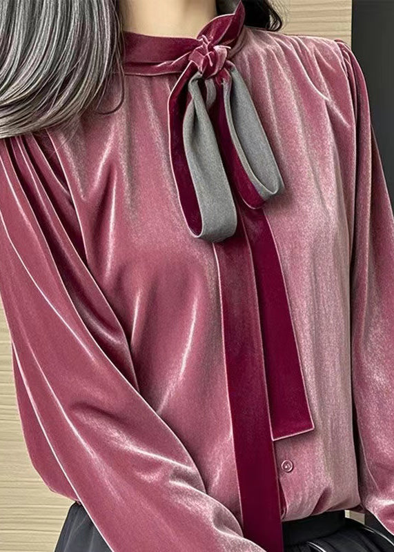 Purple Ruffled Lace Up Velour Shirts Fall