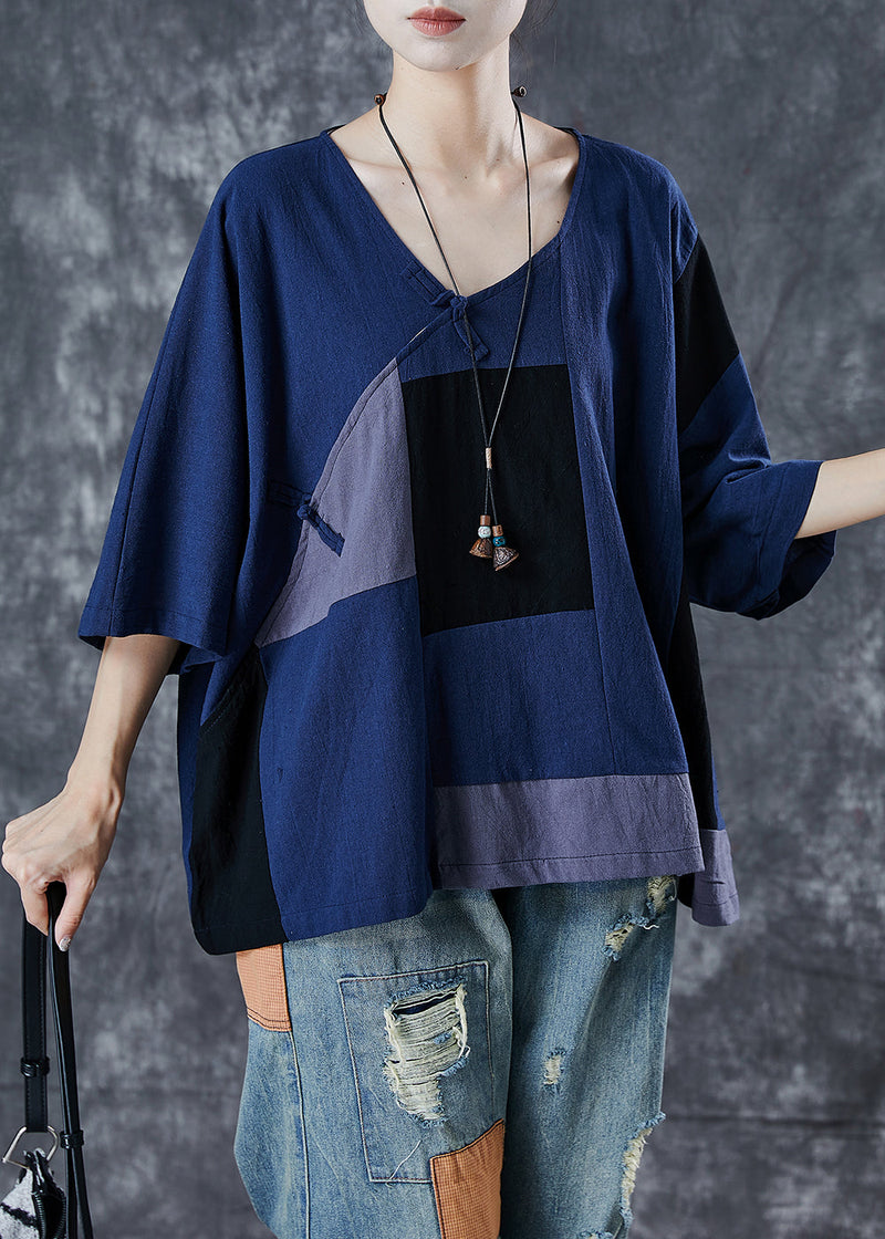 Navy Asymmetrical Patchwork Linen Tank Summer