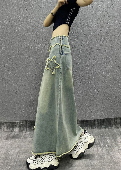 Blue Tasseled Nail Bead High Waist Denim Skirts Fall