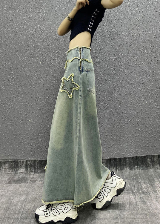 Blue Tasseled Nail Bead High Waist Denim Skirts Fall