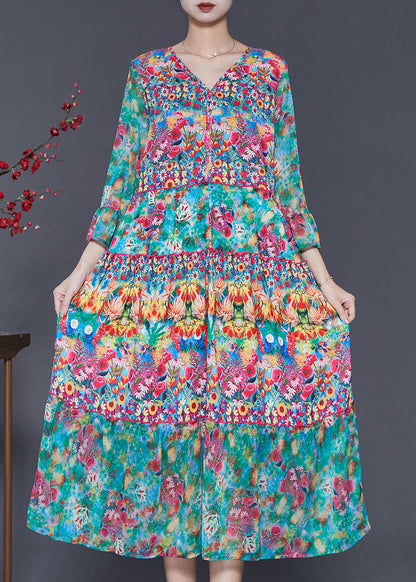 Green V Neck Print Silk Holiday Dress Summer