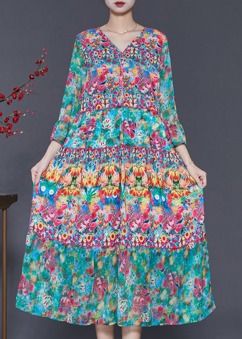 Green V Neck Print Silk Holiday Dress Summer