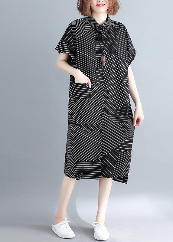 Stylish Black Peter Pan Collar Low High Design Striped Shirt Dresses Short Sleeve