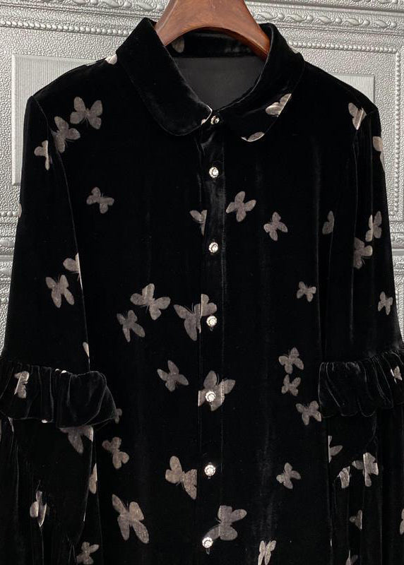 Black Peter Pan Collar Print Button Velour Tops Fall
