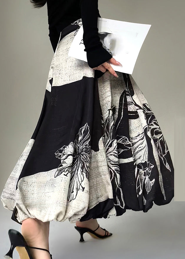 Italian Black Print High Waist Cotton Maxi Skirt Fall