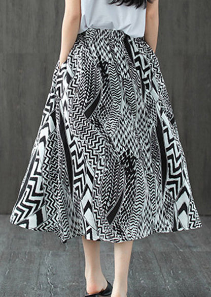 Black White Print Patchwork Pockets Elastic Waist Linen Skirt Summer