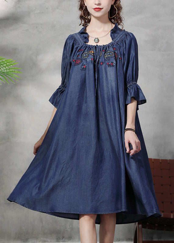 Blue Square Collar Embroideried Ruffled Patchwork Long Dresses Half Sleeve