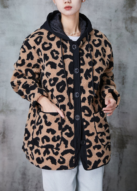 Khaki Hooded Leopard Print Fine Cotton Filled Faux Fur Coat Winter