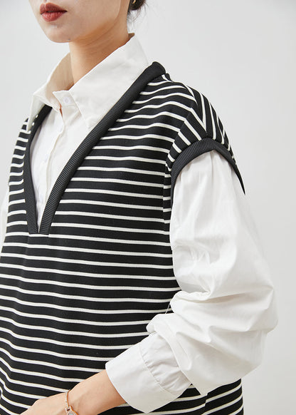 Black Striped Patchwork Cotton Shirt Dress Spring