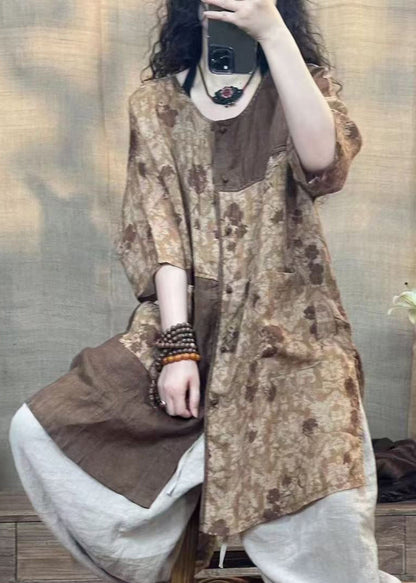 Coffee O-neck Print Patchwork Patch Shirt Bracelet Sleeve