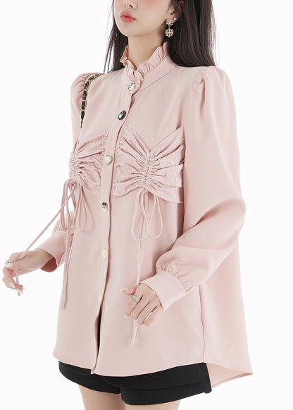 Pink Ruffled Patchwork Wrinkled Chiffon Top Puff Sleeve