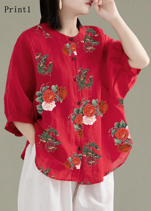 Art White Patchwork O-neck Button Linen Loose Shirt Top Lantern Sleeve