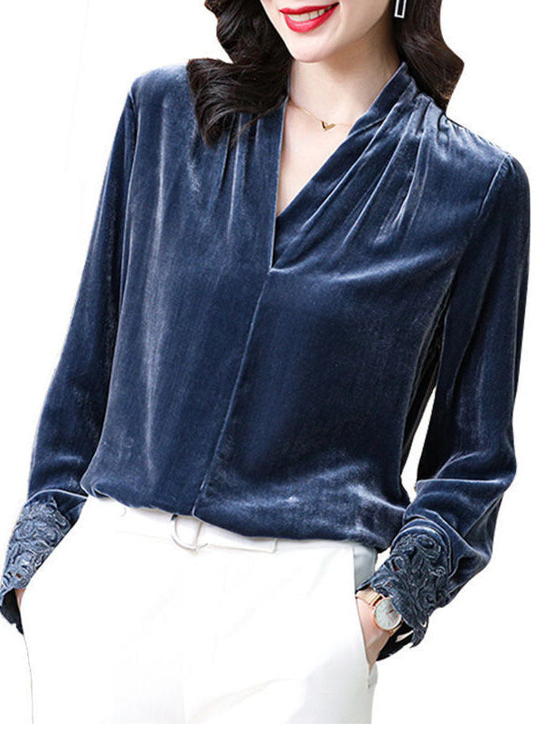 Grey Blue Silk Velour Shirt V Neck Hollow Out Long Sleeve
