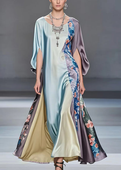 Multicolour Patchwork Exra Large Hem Silk Dress Batwing Sleeve