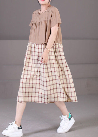 Diy Khaki Square Collar Wrinkled Ruffled Drawstring Plaid Maxi Dresses Short Sleeve