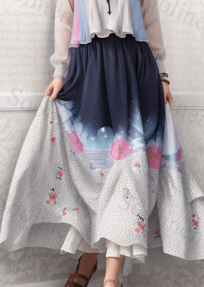 Modern Gradient Color Print Exra Large Hem Silk Dress Summer