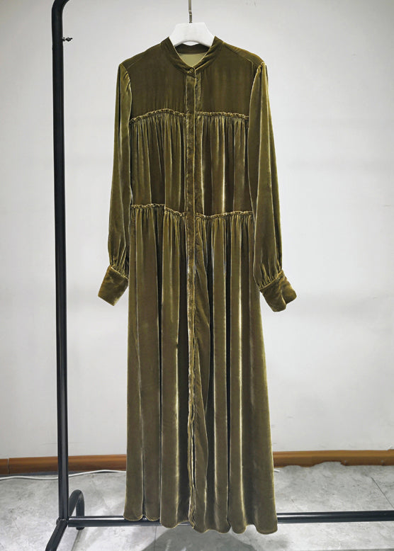 Green Button Ruffled Silk Velour Shirts Long Dresses Fall