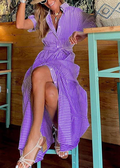 Loose Blue Striped Button Cotton Shirts Dresses Sleeveless Summer
