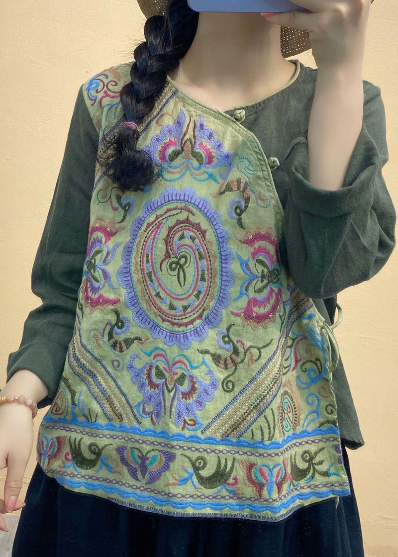 Army Green Embroideried Linen Tops Asymmetrical Long Sleeve