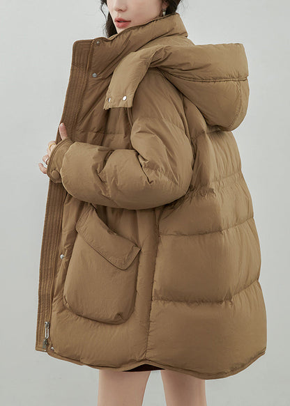 Khaki Hooded Zip Up Pockets Duck Down Coats Winter