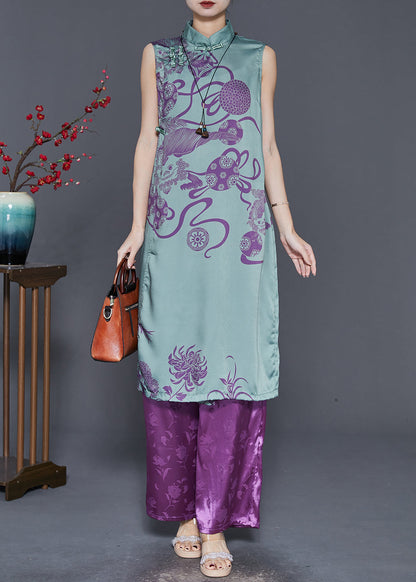 Green Mandarin Collar Oriental Silk Two Pieces Set Sleeveless