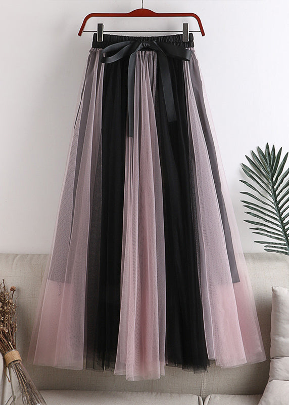 Boutique Pink Black Colour Bow Patchwork Elastic Waist Tulle a Line Skirt Summer