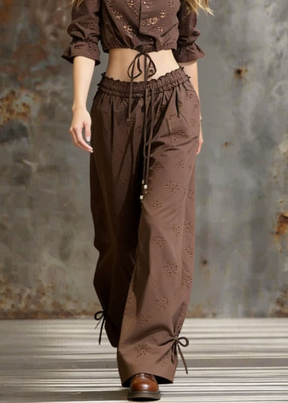 Coffee Lace Up Ruffled Cotton Two Pieces Set Spring