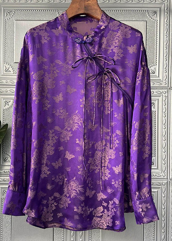French Purple Stand Collar Print Bow Silk Shirt Tops Long Sleeve