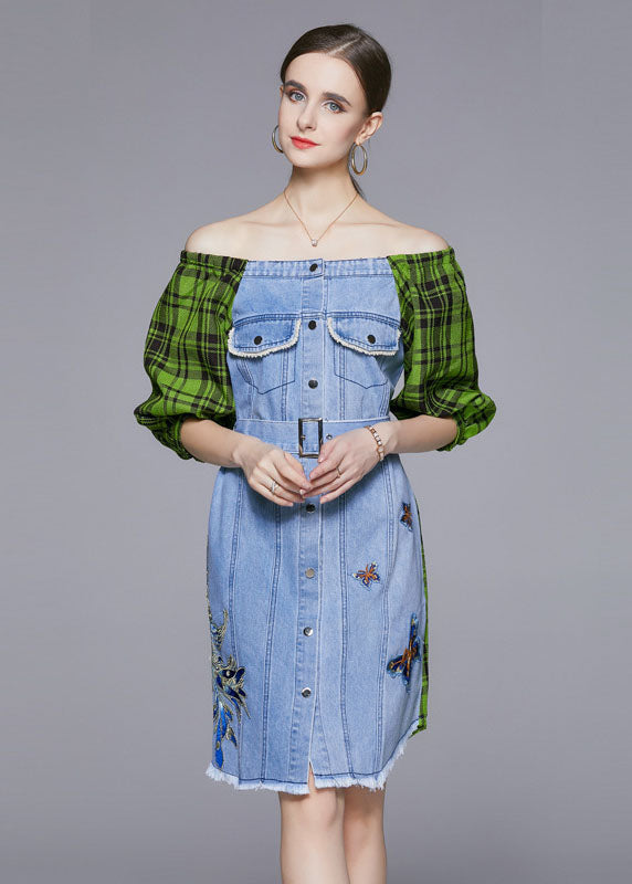 Diy Blue Slash Neck Embroideried Patchwork Cotton Denim Dress Lantern Sleeve