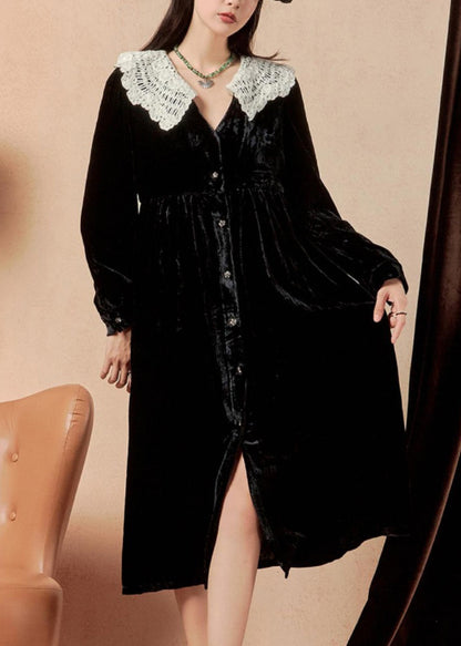 Italian Black Button Patchwork Silk Velour Shirts Dress Winter