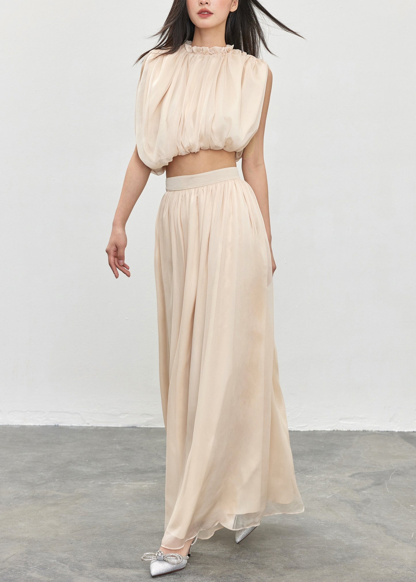 Apricot Ruffled Tops and Skirts Cotton Two Pieces Set Sleeveless