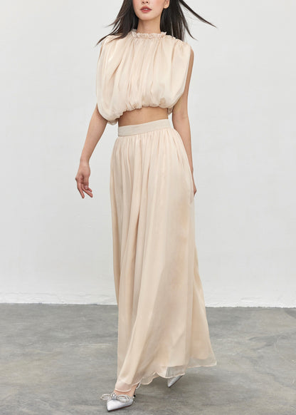 Apricot Ruffled Tops and Skirts Cotton Two Pieces Set Sleeveless