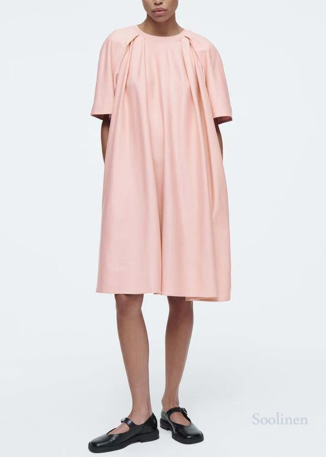 Diy Pink O-neck Oversized Cotton Tea Dress Summer
