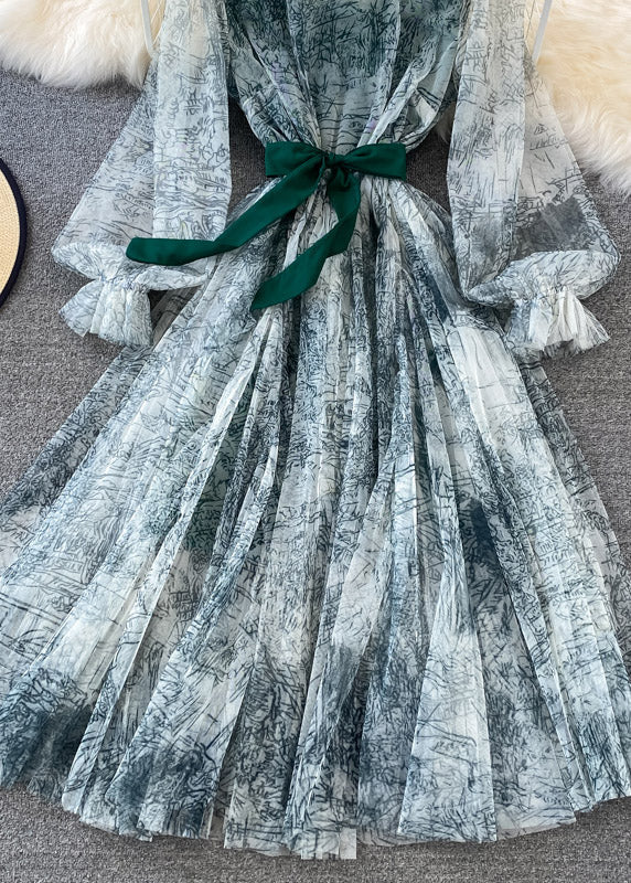 Green O-neck Slim Tulle Long Dress Puff Sleeve
