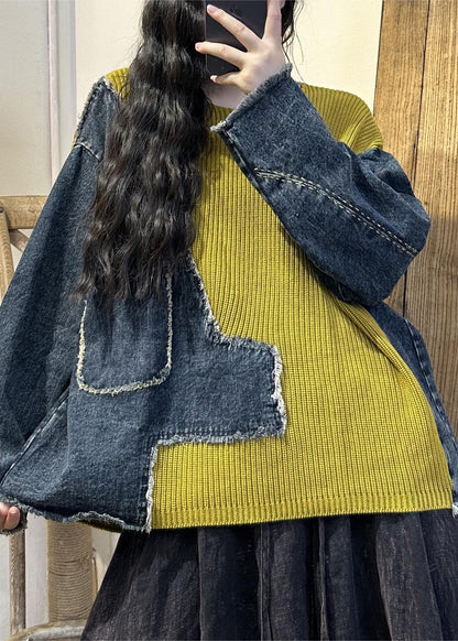 Red Asymmetrical Pockets Knit Patchwork Tops Fall