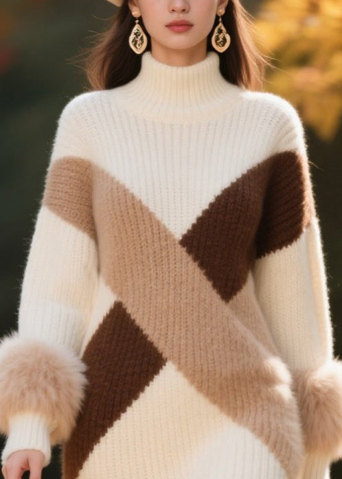 White Patchwork Faux Fur Knitwear Dress Turtle Neck Winter
